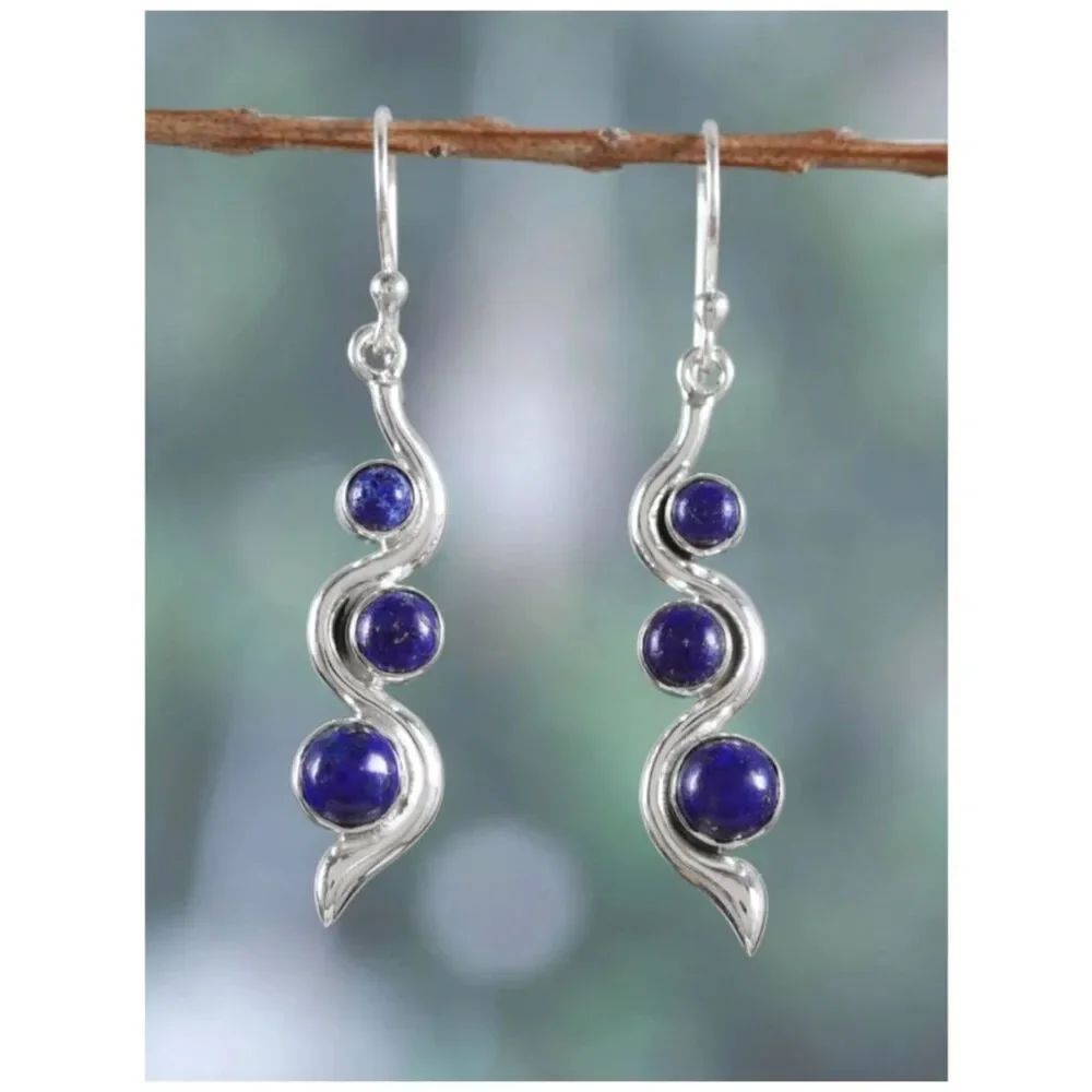 Lapis Lazuli Earrings 3 Stones Graduated in Size Set in a Modern Wavy Setting